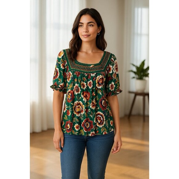 Style & Co Floral Boho Peasant Top XL Green Puff Sleeve Embroidered Neckline - Picture 1 of 8
